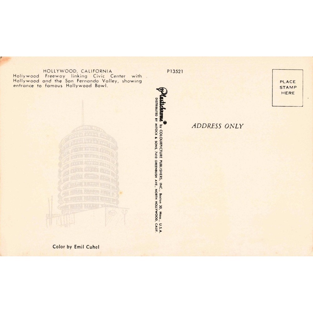 Vintage Hollywood Freeway California Plastichrome Postcard P13521 Emil Cuhel - Picture 2 of 2